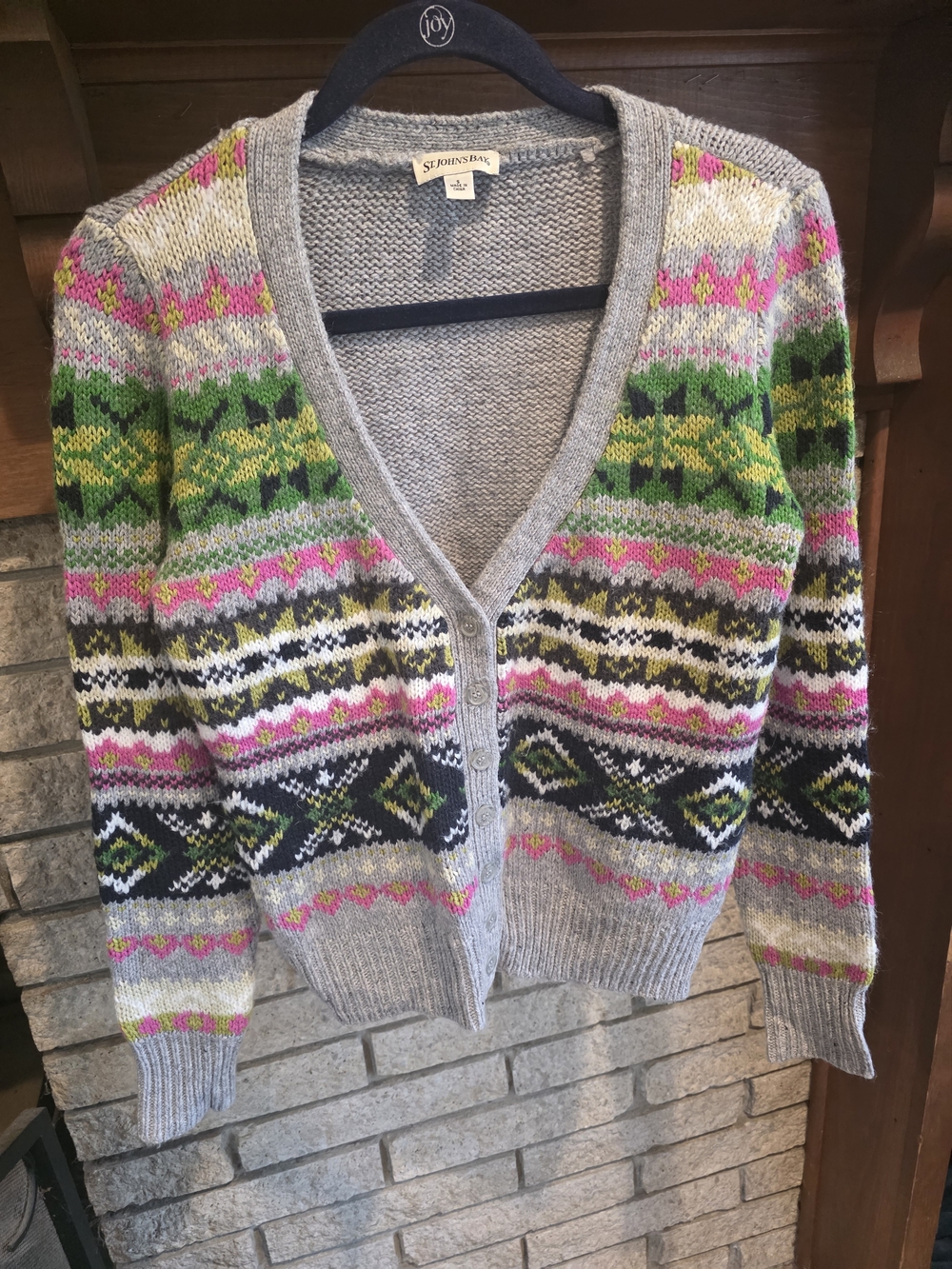 St. John's Bay Multicolor Fair Isle Cardigan - Pink, Green, Gray - Picture 2 of 5
